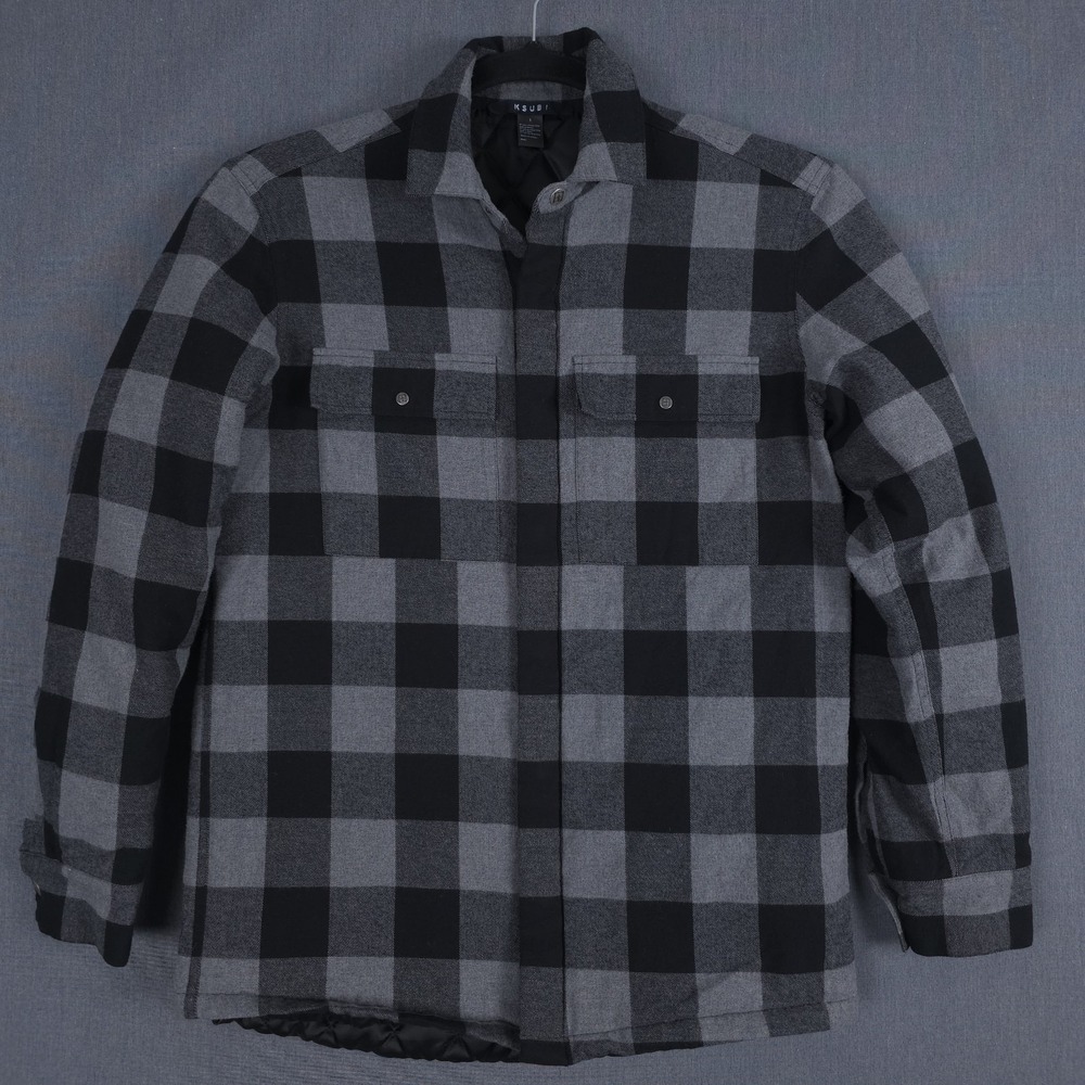 Ksubi Quilted Flannel Jacket Mens Small Black Gray Plaid Snap Up Shacket Shirt